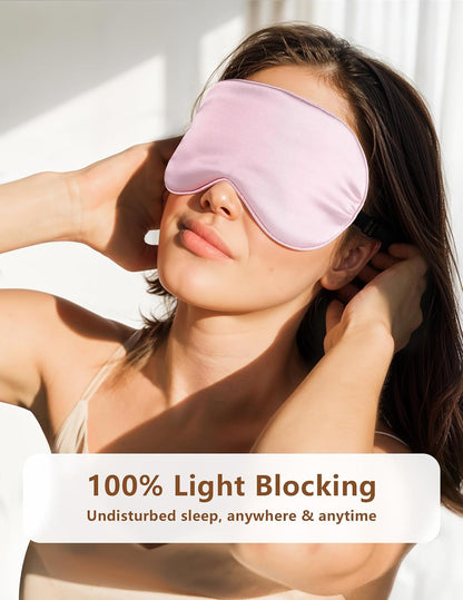 Silk Sleep Mask for Women - 100% Blackout, Super Soft Eye Mask for Side Sleepers, Sleeping Mask with Adjustable Strap, Pink Scrunchies for Women, with Travel Pouch