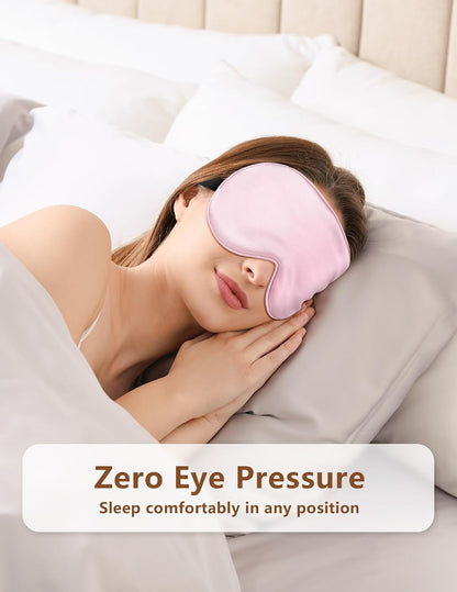 Silk Sleep Mask for Women - 100% Blackout, Super Soft Eye Mask for Side Sleepers, Sleeping Mask with Adjustable Strap, Pink Scrunchies for Women, with Travel Pouch