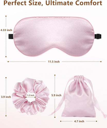 Silk Sleep Mask for Women - 100% Blackout, Super Soft Eye Mask for Side Sleepers, Sleeping Mask with Adjustable Strap, Pink Scrunchies for Women, with Travel Pouch