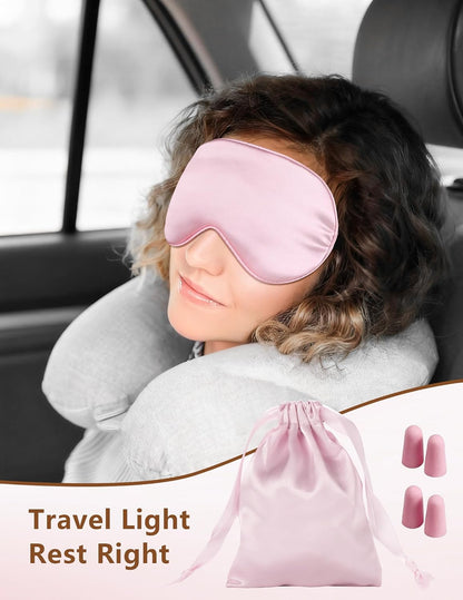 Silk Sleep Mask for Women - 100% Blackout, Super Soft Eye Mask for Side Sleepers, Sleeping Mask with Adjustable Strap, Pink Scrunchies for Women, with Travel Pouch