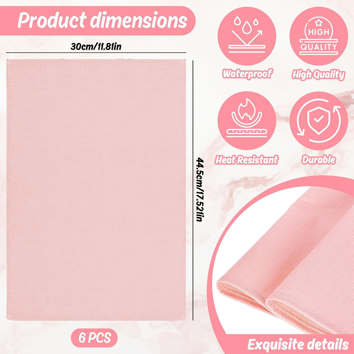 6Pcs Pink Placemats Heat Resistant Waterproof Linen Table Place Mats Decorative Dinner Mats for Home Kitchen Wedding Banquet Party Dining Table Decor
