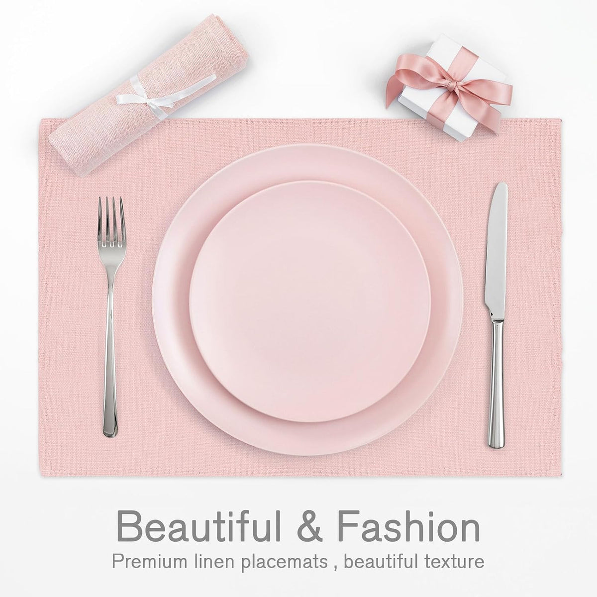 6Pcs Pink Placemats Heat Resistant Waterproof Linen Table Place Mats Decorative Dinner Mats for Home Kitchen Wedding Banquet Party Dining Table Decor