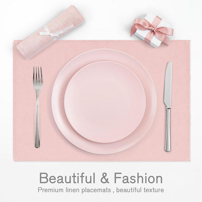 6Pcs Pink Placemats Heat Resistant Waterproof Linen Table Place Mats Decorative Dinner Mats for Home Kitchen Wedding Banquet Party Dining Table Decor