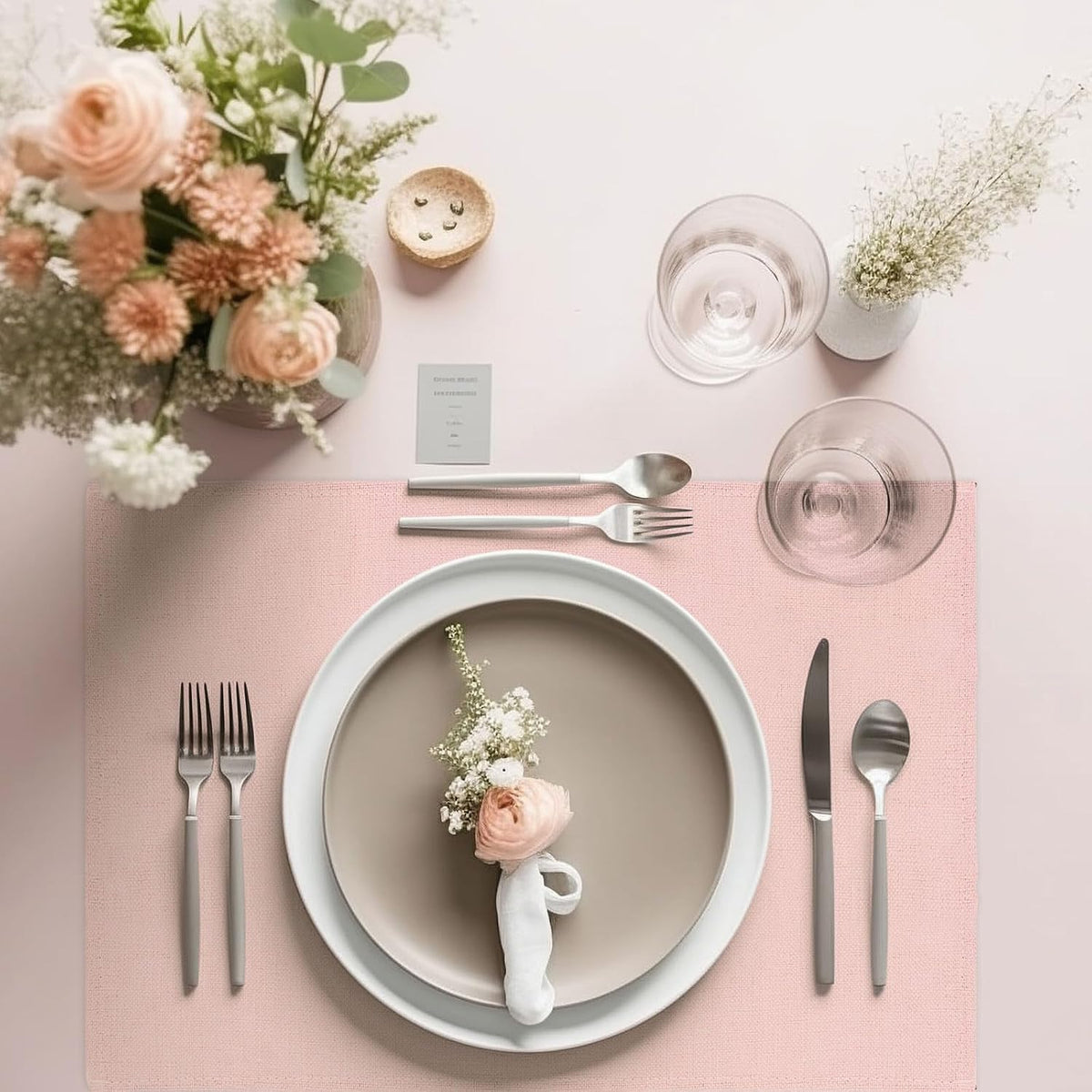 6Pcs Pink Placemats Heat Resistant Waterproof Linen Table Place Mats Decorative Dinner Mats for Home Kitchen Wedding Banquet Party Dining Table Decor