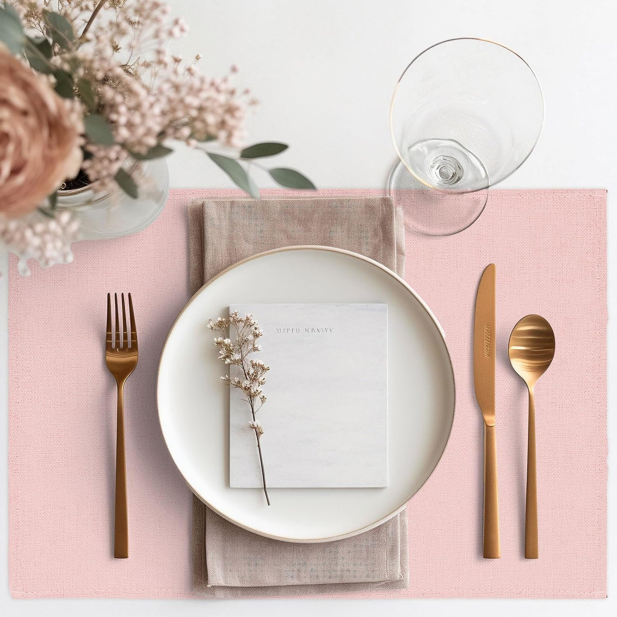 6Pcs Pink Placemats Heat Resistant Waterproof Linen Table Place Mats Decorative Dinner Mats for Home Kitchen Wedding Banquet Party Dining Table Decor
