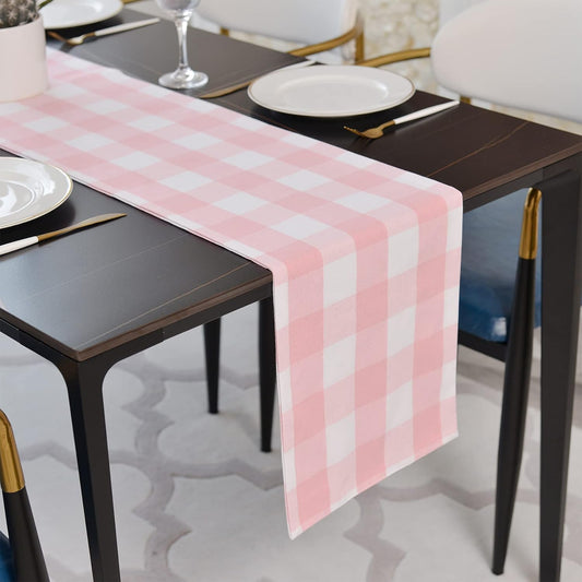 Pink & White 2 Side Buffalo Check Farmhouse Table Runner for Family Dinners or Gatherings, Indoor or Outdoor Parties, Everyday Use (12" x 48")