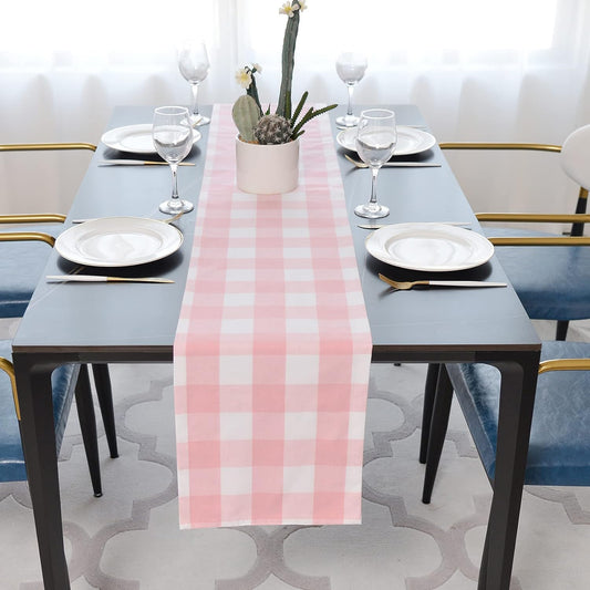Pink & White 2 Side Buffalo Check Farmhouse Table Runner for Family Dinners or Gatherings, Indoor or Outdoor Parties, Everyday Use (12" x 48")