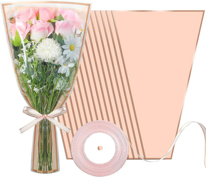50PCS Flower Wrapping Bags for Bouquets 17 x 11in Pink Floral Bouquet Packing Sleeves with Ribbon Plastic Flower Bouquet Sleeves for Mother's Day Valentine Wedding Birthday Graduation Florist Supplies