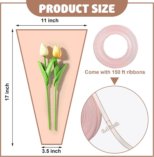 50PCS Flower Wrapping Bags for Bouquets 17 x 11in Pink Floral Bouquet Packing Sleeves with Ribbon Plastic Flower Bouquet Sleeves for Mother's Day Valentine Wedding Birthday Graduation Florist Supplies