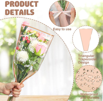 50PCS Flower Wrapping Bags for Bouquets 17 x 11in Pink Floral Bouquet Packing Sleeves with Ribbon Plastic Flower Bouquet Sleeves for Mother's Day Valentine Wedding Birthday Graduation Florist Supplies
