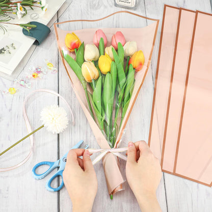 50PCS Flower Wrapping Bags for Bouquets 17 x 11in Pink Floral Bouquet Packing Sleeves with Ribbon Plastic Flower Bouquet Sleeves for Mother's Day Valentine Wedding Birthday Graduation Florist Supplies