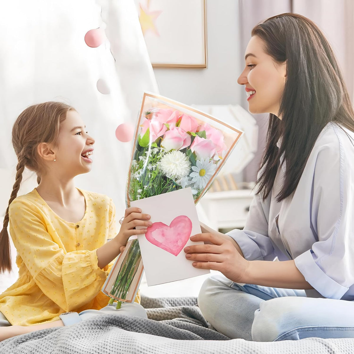 50PCS Flower Wrapping Bags for Bouquets 17 x 11in Pink Floral Bouquet Packing Sleeves with Ribbon Plastic Flower Bouquet Sleeves for Mother's Day Valentine Wedding Birthday Graduation Florist Supplies