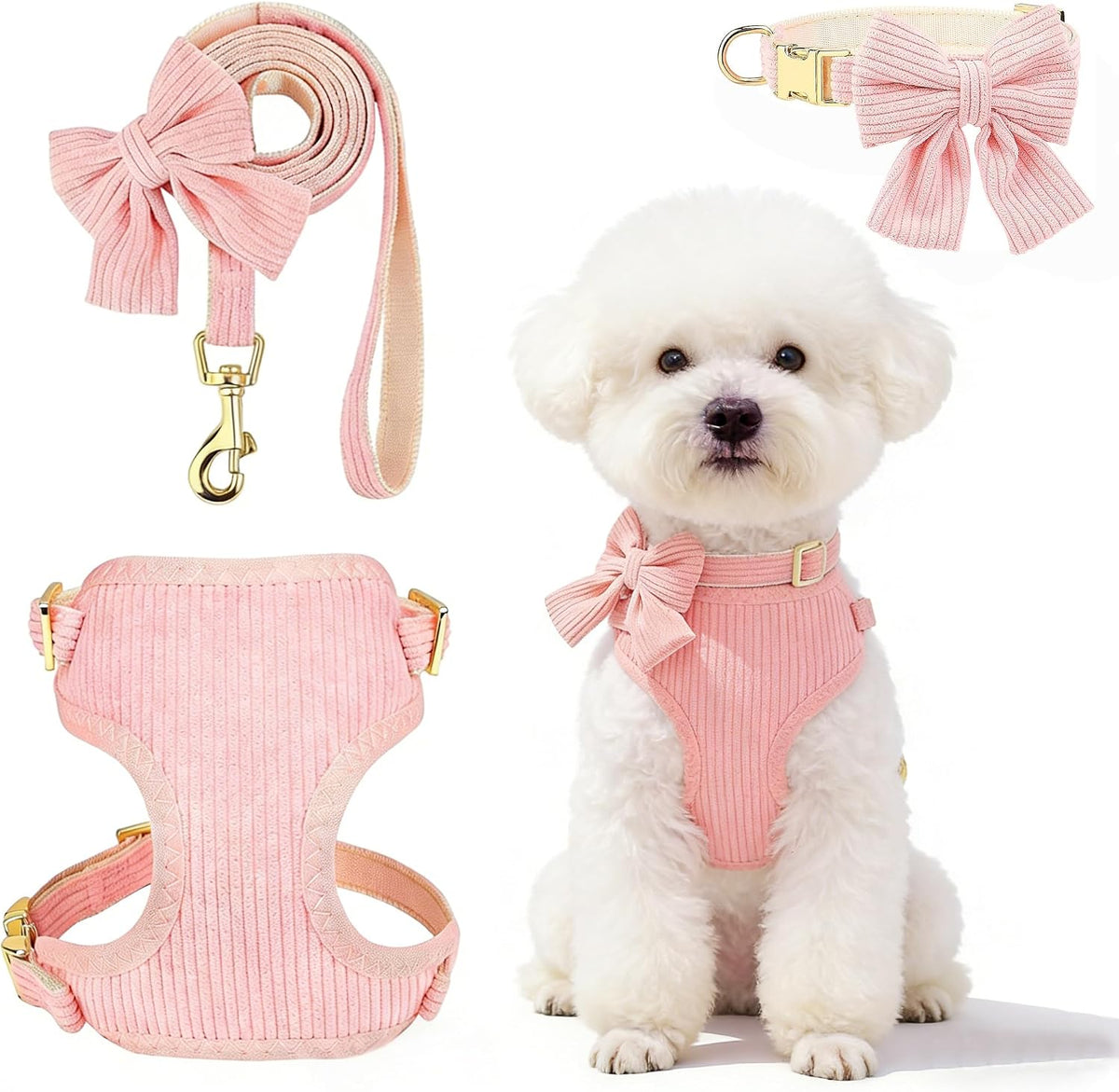 Cute Small Dog Harness Collar and Leash Set with Detachable Bowtie, Adjustable Dog Harness Collar and Leash Set with Secure Metal Buckle for Daily Walking, Parties & Holiday Pink, S