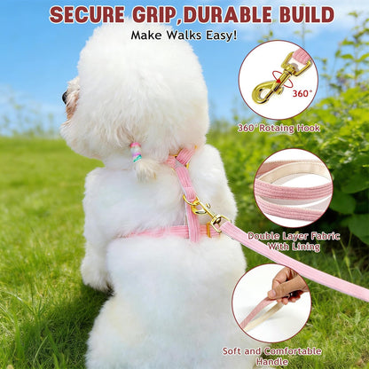 Cute Small Dog Harness Collar and Leash Set with Detachable Bowtie, Adjustable Dog Harness Collar and Leash Set with Secure Metal Buckle for Daily Walking, Parties & Holiday Pink, S