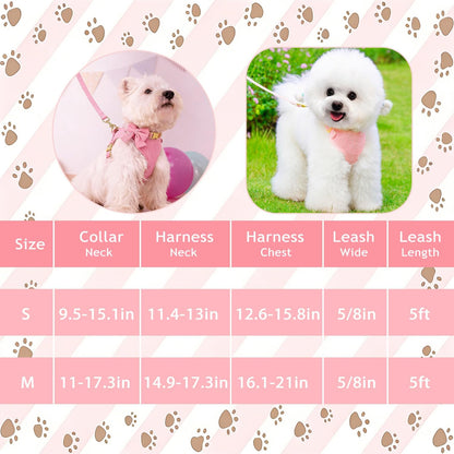 Cute Small Dog Harness Collar and Leash Set with Detachable Bowtie, Adjustable Dog Harness Collar and Leash Set with Secure Metal Buckle for Daily Walking, Parties & Holiday Pink, S