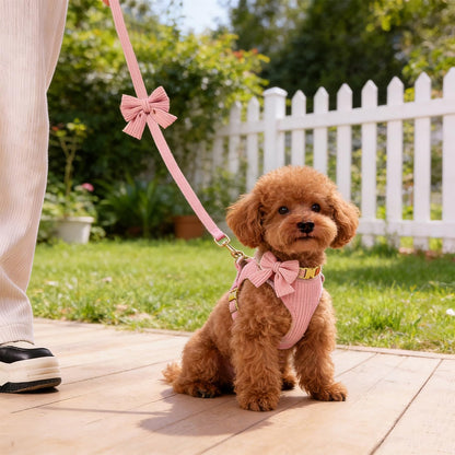 Cute Small Dog Harness Collar and Leash Set with Detachable Bowtie, Adjustable Dog Harness Collar and Leash Set with Secure Metal Buckle for Daily Walking, Parties & Holiday Pink, S