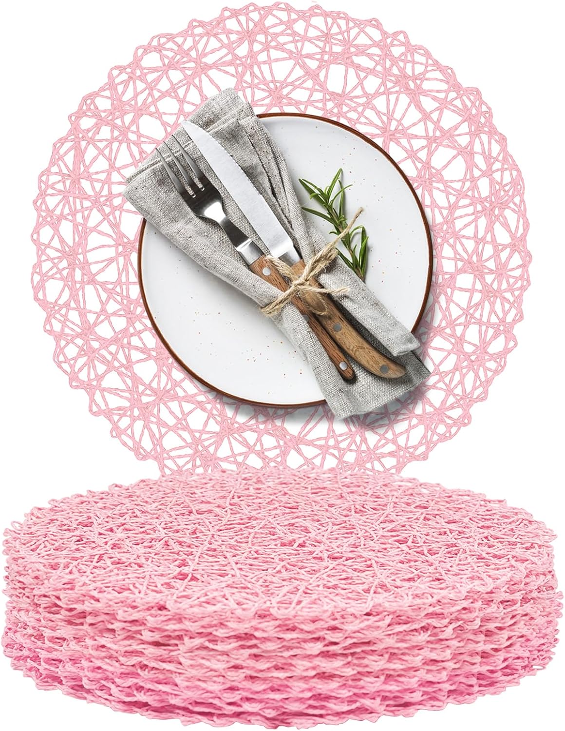 Paper Braided Round Placemats Set of 12 Natural Non-Slip Heat Resistant Table Mats for Dining Tables Woven Indoor Outdoor Place mats(Pink)