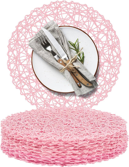 Paper Braided Round Placemats Set of 12 Natural Non-Slip Heat Resistant Table Mats for Dining Tables Woven Indoor Outdoor Place mats(Pink)
