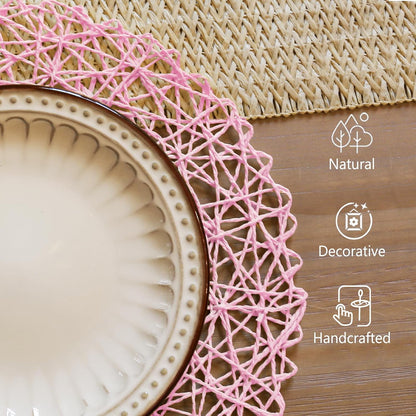 Paper Braided Round Placemats Set of 12 Natural Non-Slip Heat Resistant Table Mats for Dining Tables Woven Indoor Outdoor Place mats(Pink)