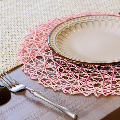 Paper Braided Round Placemats Set of 12 Natural Non-Slip Heat Resistant Table Mats for Dining Tables Woven Indoor Outdoor Place mats(Pink)