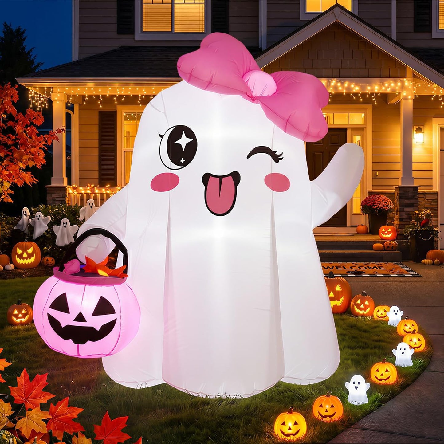 5FT Cute Halloween Inflatables, Ghost Blow Ups Outdoor with Pink Bow
