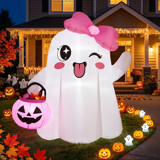 5FT Cute Halloween Inflatables, Ghost Blow Ups Outdoor with Pink Bow