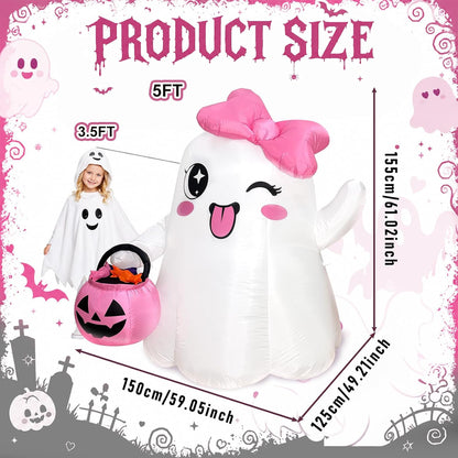 5FT Cute Halloween Inflatables, Ghost Blow Ups Outdoor with Pink Bow