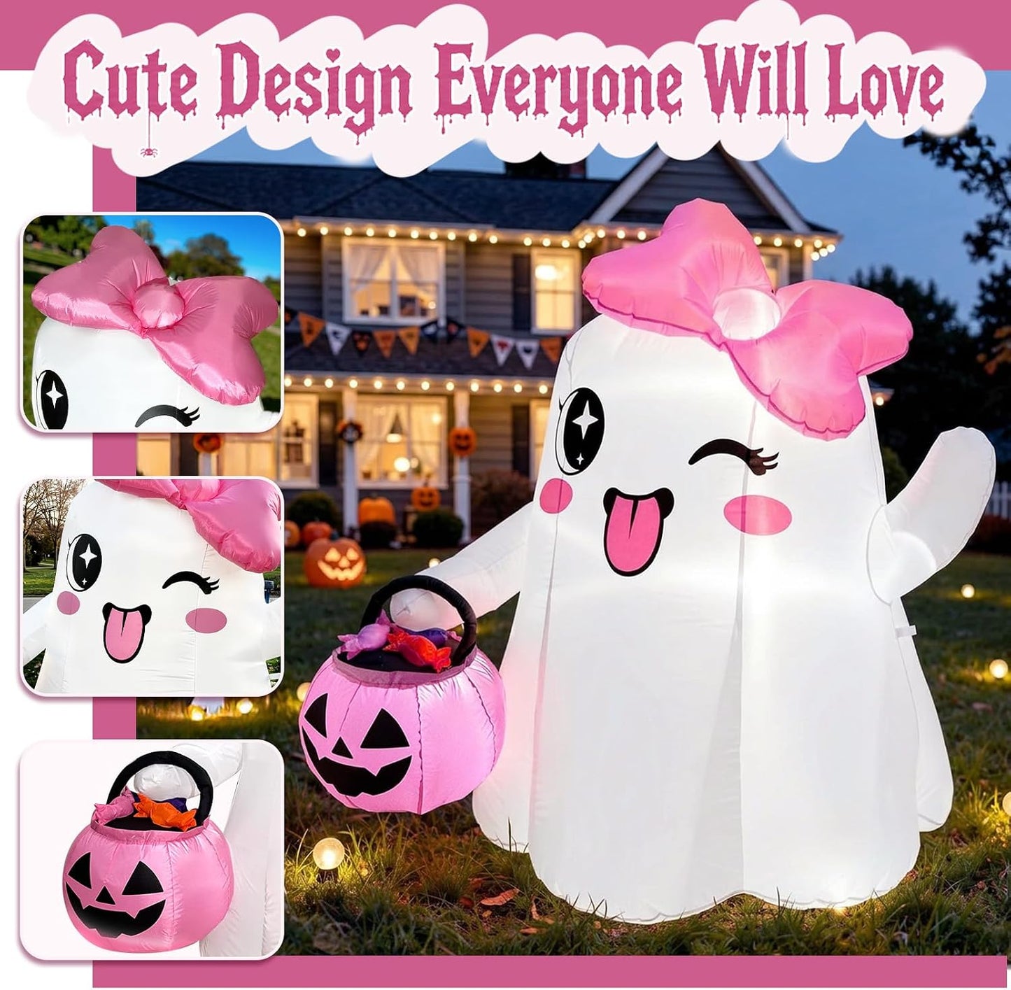 5FT Cute Halloween Inflatables, Ghost Blow Ups Outdoor with Pink Bow