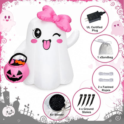 5FT Cute Halloween Inflatables, Ghost Blow Ups Outdoor with Pink Bow