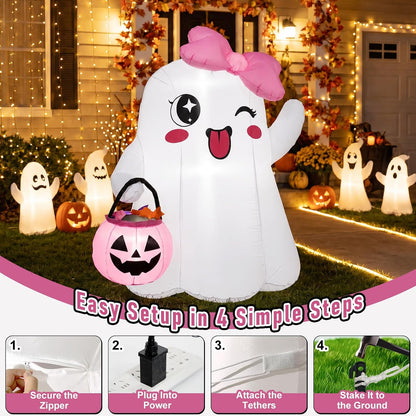 5FT Cute Halloween Inflatables, Ghost Blow Ups Outdoor with Pink Bow