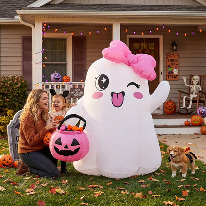 5FT Cute Halloween Inflatables, Ghost Blow Ups Outdoor with Pink Bow