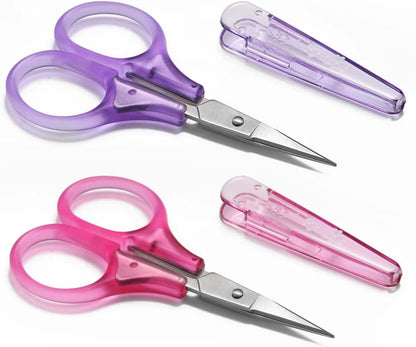 Small Craft Scissors, 3" Tiny Travel Scissors Tsa Compliant with Cover, Sharp Scissors all Purpose, Straight Fine Tips Mini Sewing Scissors Set, Precision Detail Paper Cutting, Pink/Purple
