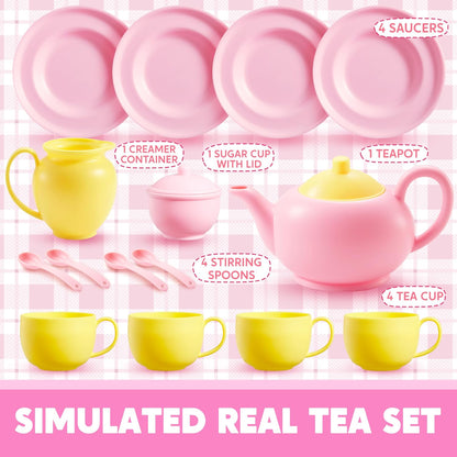 18PCS Pretend Tea Party Set, Pink Plastic Tea Set, Mini Kitchen for Kids, Gifts for Kid Boys Girls, Easter Birthday Gifts