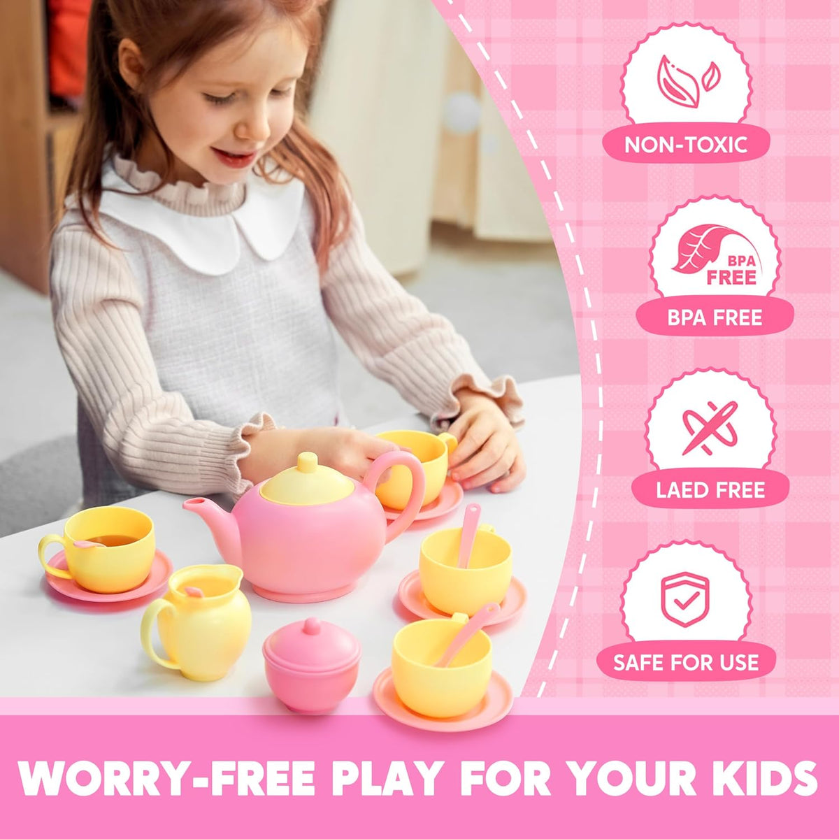 18PCS Pretend Tea Party Set, Pink Plastic Tea Set, Mini Kitchen for Kids, Gifts for Kid Boys Girls, Easter Birthday Gifts