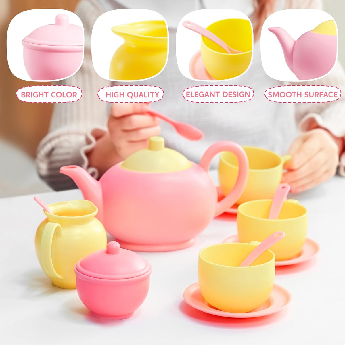 18PCS Pretend Tea Party Set, Pink Plastic Tea Set, Mini Kitchen for Kids, Gifts for Kid Boys Girls, Easter Birthday Gifts