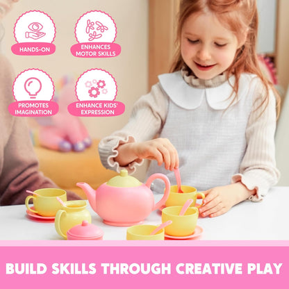 18PCS Pretend Tea Party Set, Pink Plastic Tea Set, Mini Kitchen for Kids, Gifts for Kid Boys Girls, Easter Birthday Gifts
