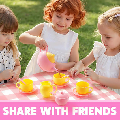 18PCS Pretend Tea Party Set, Pink Plastic Tea Set, Mini Kitchen for Kids, Gifts for Kid Boys Girls, Easter Birthday Gifts