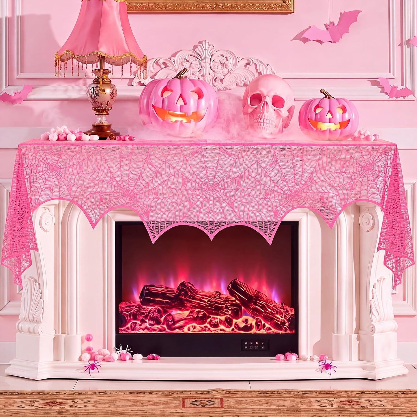 1 Pcs Pink Halloween Mantel Scarf Decoration Indoor Lace Spider Web