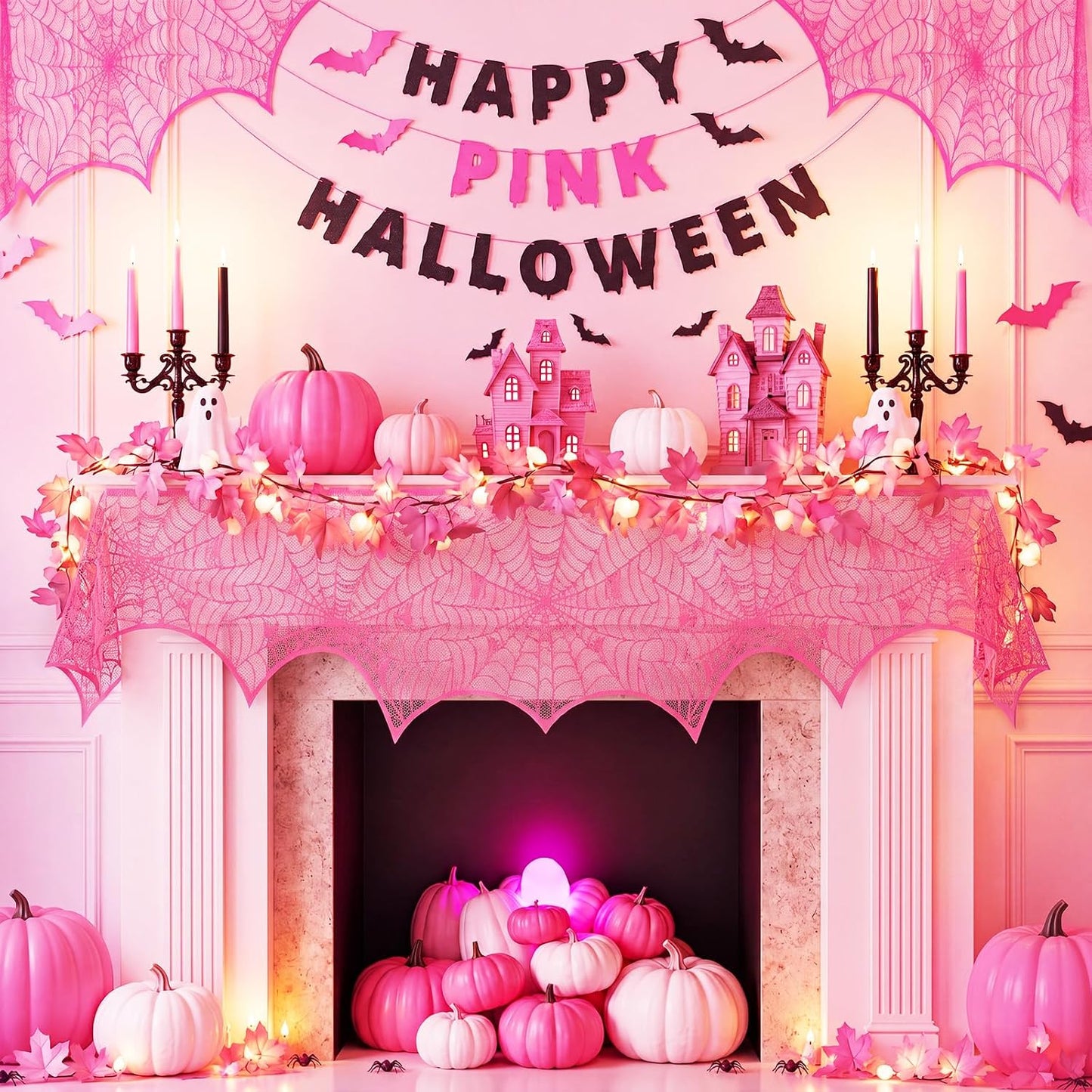 1 Pcs Pink Halloween Mantel Scarf Decoration Indoor Lace Spider Web