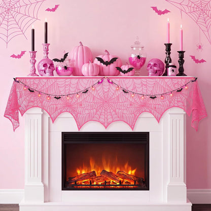 1 Pcs Pink Halloween Mantel Scarf Decoration Indoor Lace Spider Web