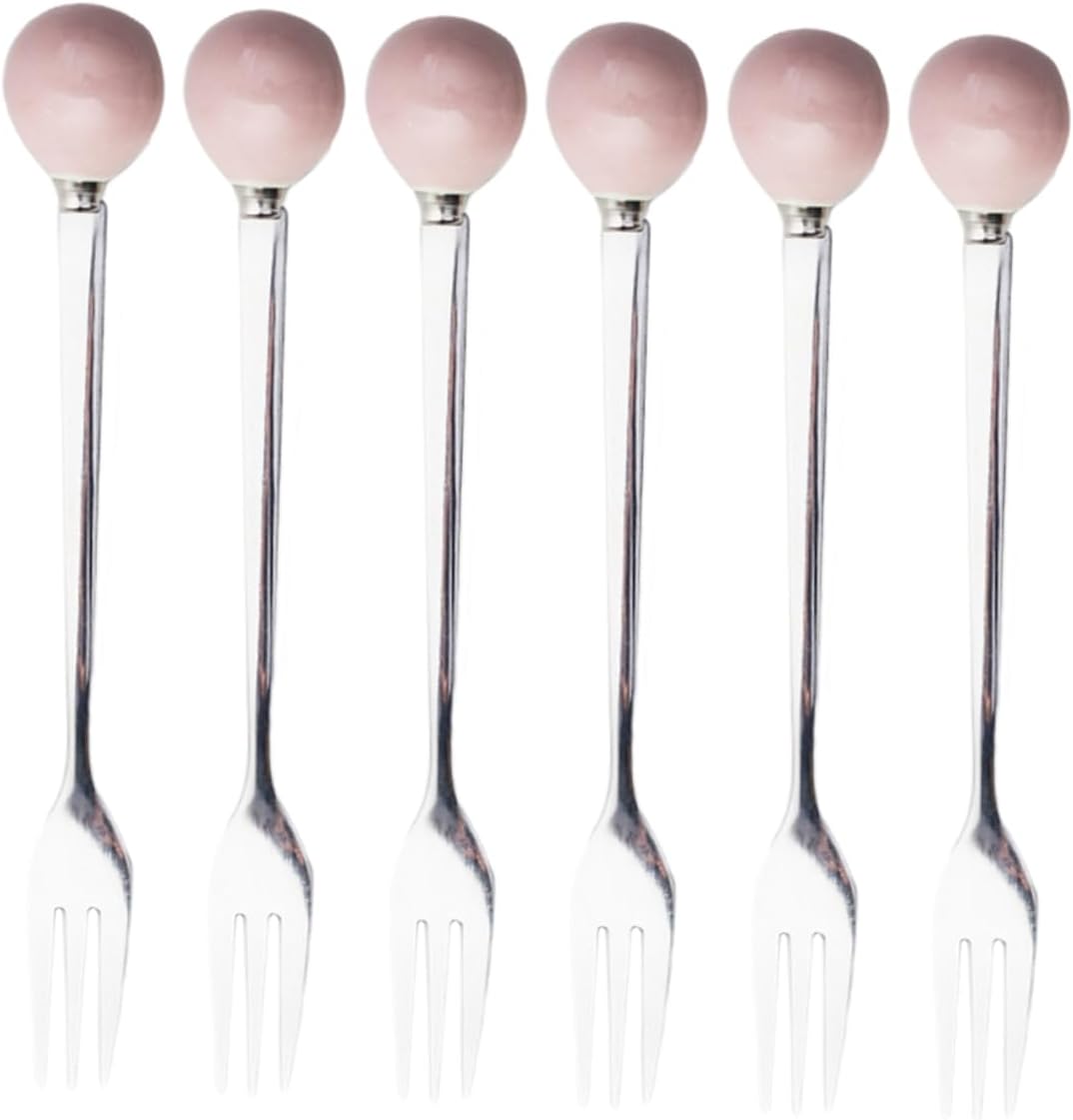 6pcs Pink Ceramic Handle Mini Stainless Steel Dessert Spoons Fork Spoon