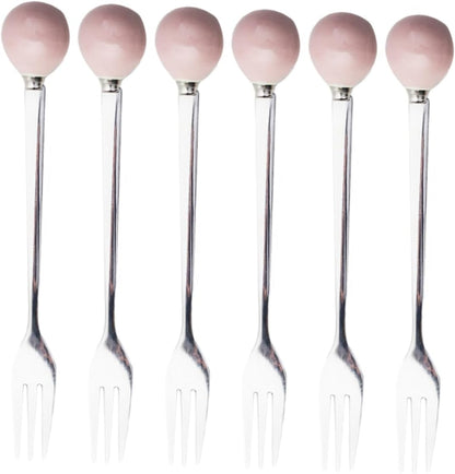 6pcs Pink Ceramic Handle Mini Stainless Steel Dessert Spoons Fork Spoon