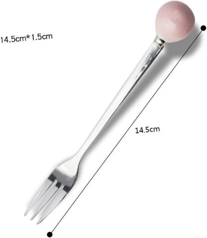6pcs Pink Ceramic Handle Mini Stainless Steel Dessert Spoons Fork Spoon