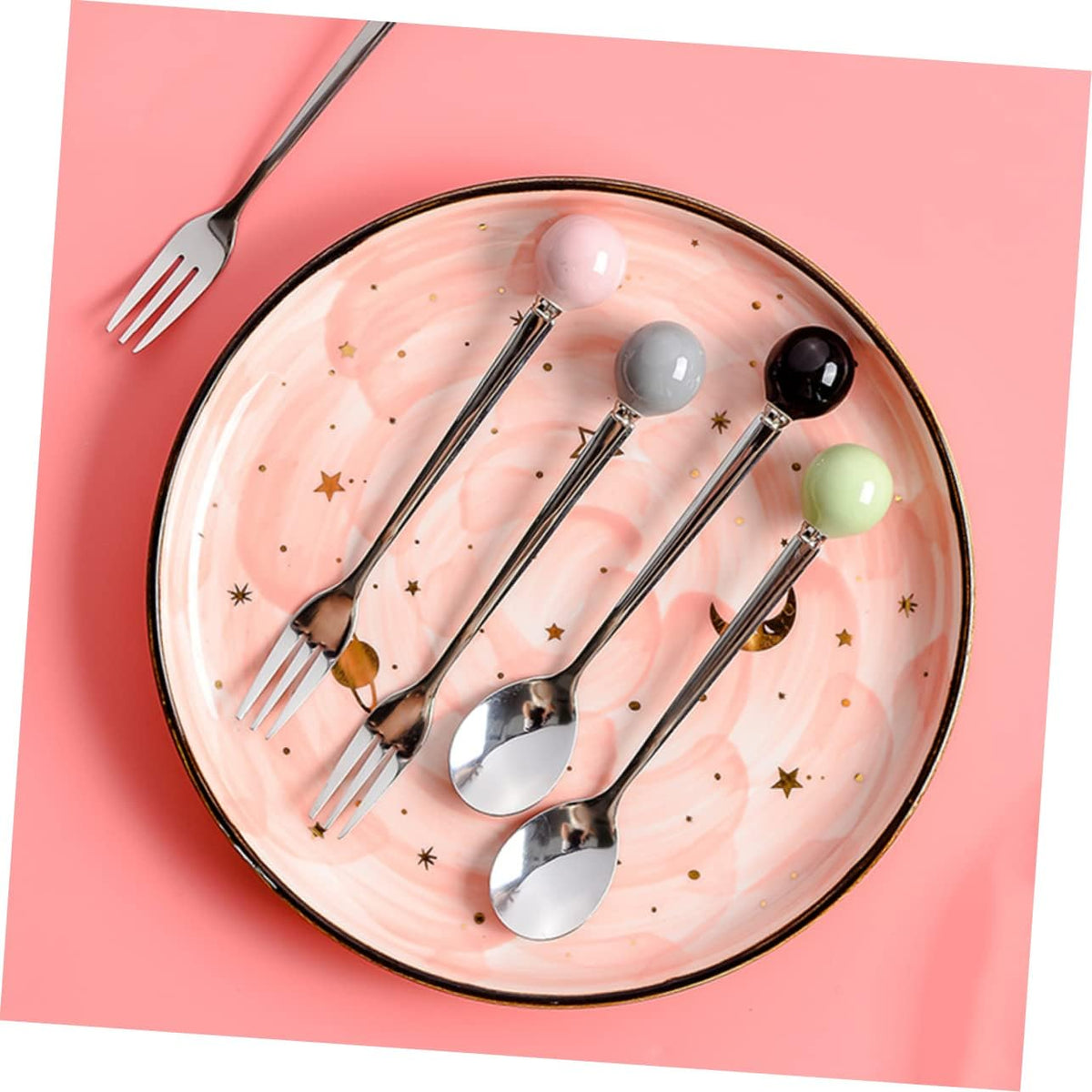 6pcs Pink Ceramic Handle Mini Stainless Steel Dessert Spoons Fork Spoon