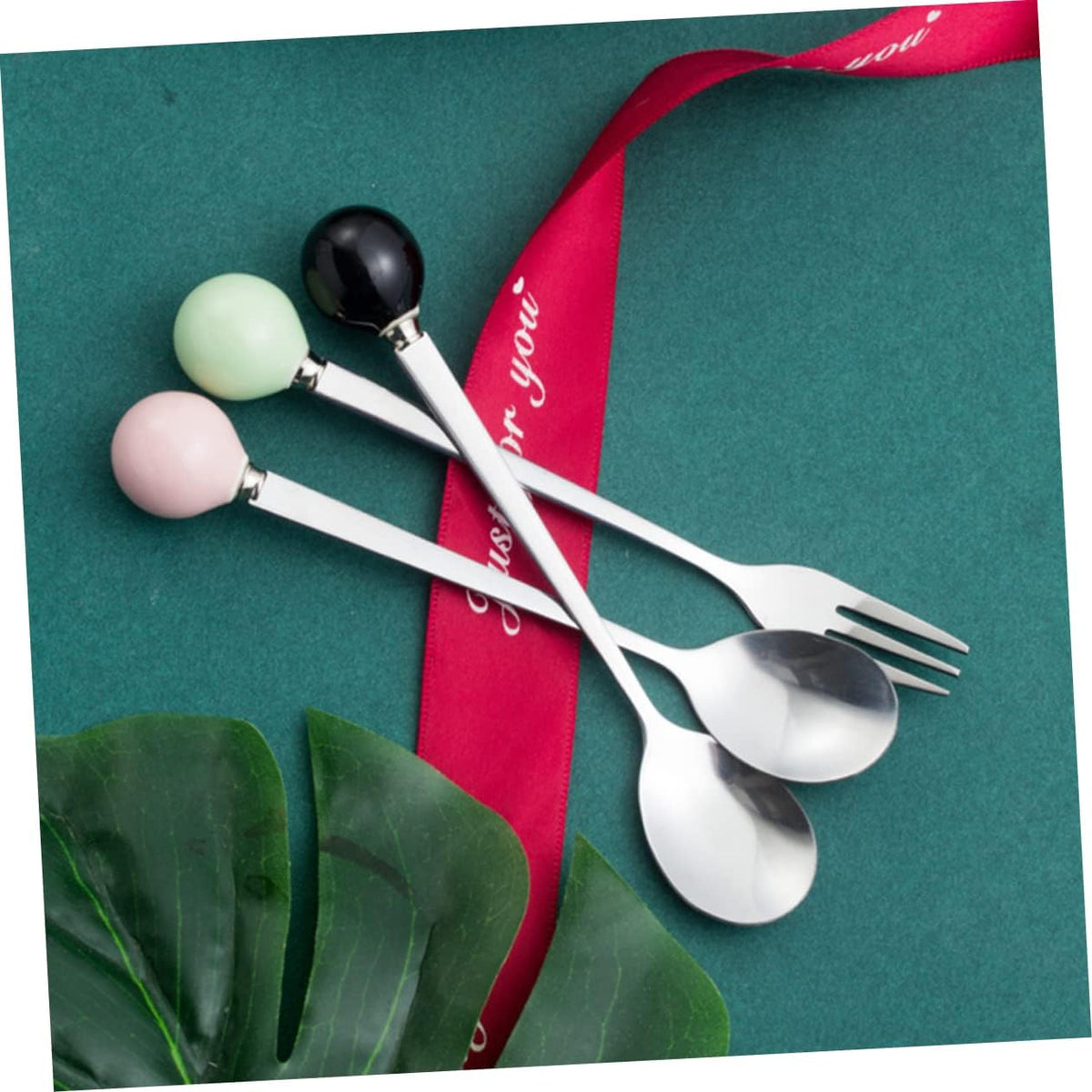 6pcs Pink Ceramic Handle Mini Stainless Steel Dessert Spoons Fork Spoon
