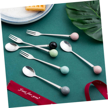 6pcs Pink Ceramic Handle Mini Stainless Steel Dessert Spoons Fork Spoon