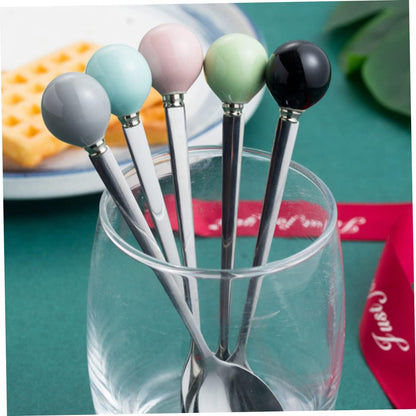 6pcs Pink Ceramic Handle Mini Stainless Steel Dessert Spoons Fork Spoon