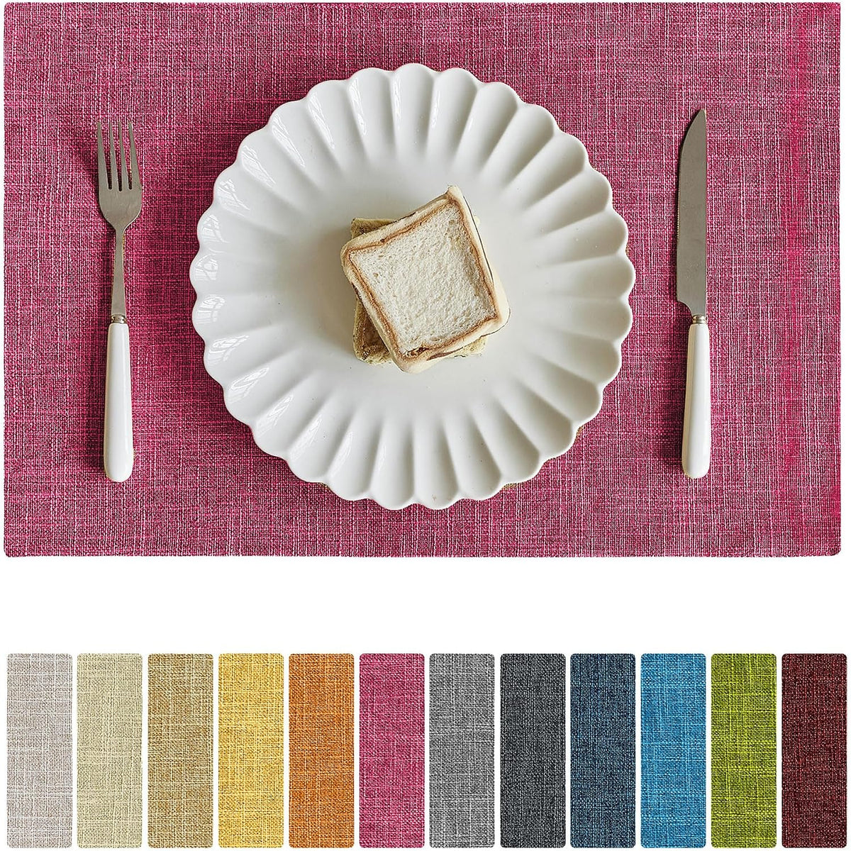 Faux Linen Cloth Placemats Set of 8-12 x 18 Inch, Pink