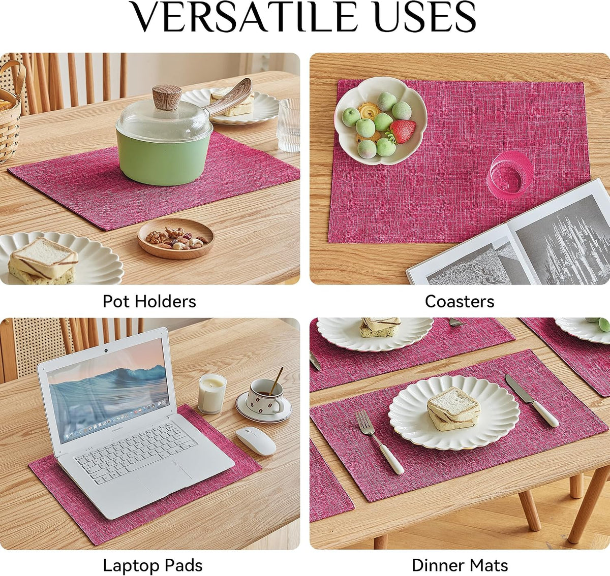 Faux Linen Cloth Placemats Set of 8-12 x 18 Inch, Pink