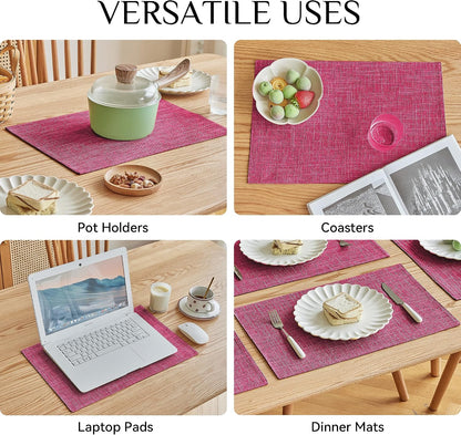 Faux Linen Cloth Placemats Set of 8-12 x 18 Inch, Pink